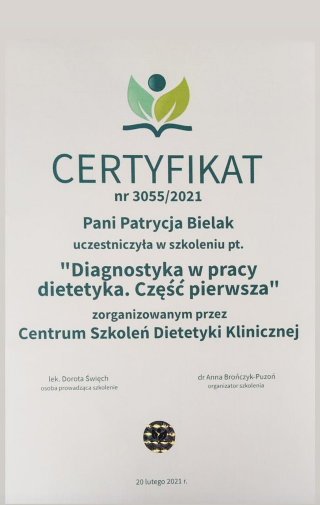 Certyfikat ze szkolenia potwierdzający o zdobyciu kwalifikacji interpretowania wyników badań w gabinecie dietetyka Patrycji Bielak dietetyka klinicznego